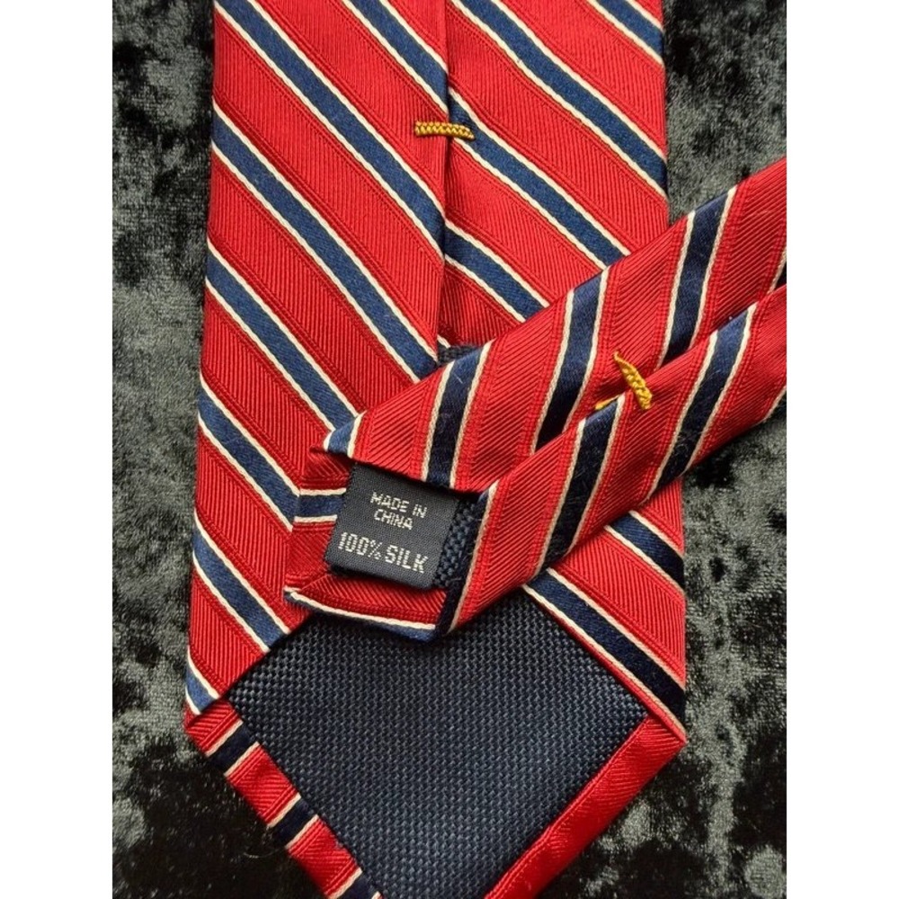 Nautica Men's 100% Silk Tie Red Navy Cream Repp Stripe Preppy Necktie